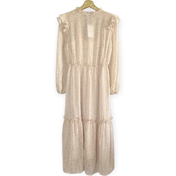 O.P.T Dress Floral Tiered Midi Neutral Chiffon Beige Gold Prairie Dress - Picture 9 of 12